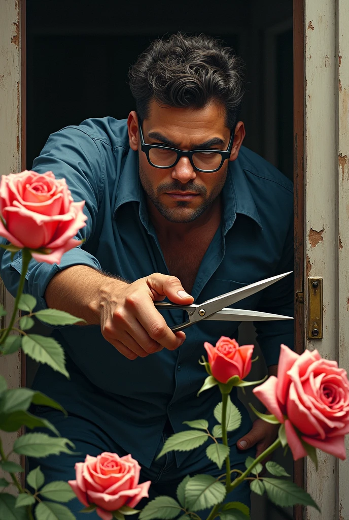 a thug with glasses and scissors steals roses from the entrance