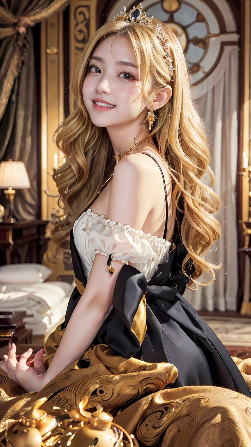 Realistic、masterpiece、Highest quality、Highest quality、Tarot Card Style、In a luxurious hotel suite、one princess、Cute pose、Upper body photo、Medieval European princess dress、(Blonde Hair、Wavy Hair, Long Hair:1.2)、Cute Makeup、Draw lots of eyelashes、Deep orange blush、profile、smilingly, Showing teeth、Upward glance