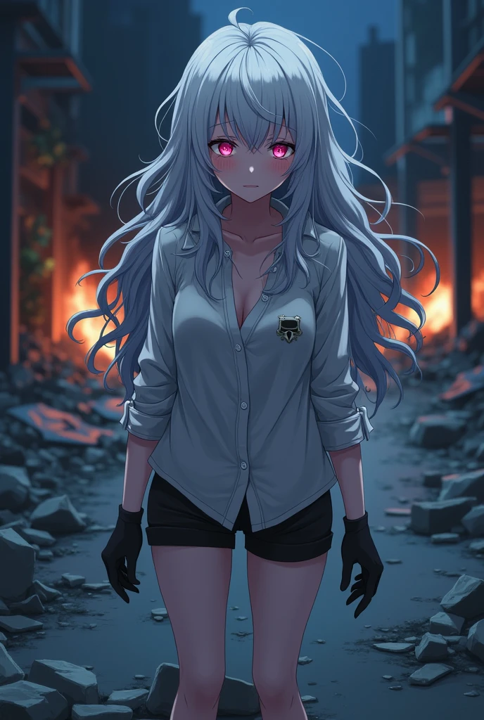 I want to create an anime style character. She has very long, wavy, dull white hair with light pink eyes and her expression is very sad and desperate. . She wears tight black shorts, a white shirt rolled up, black gloves and white sneakers.
This stop is on a street in chaos with rubble and fire everywhere and it is night time..
