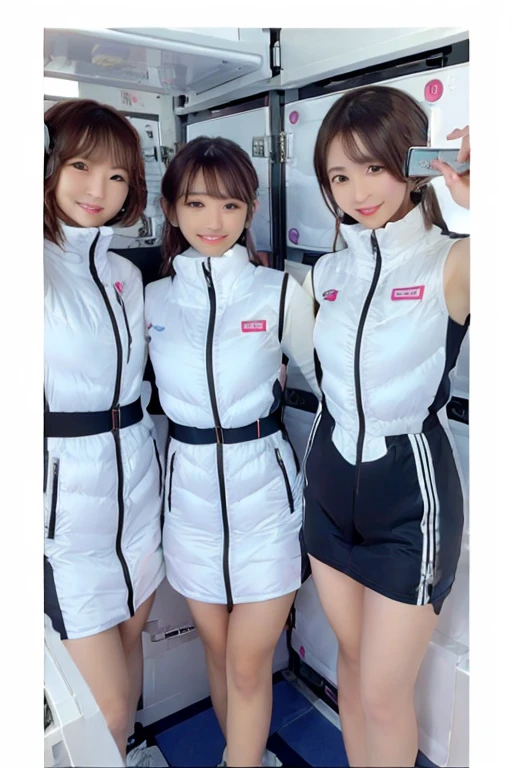 (Masterpiece, high quality), plural, , female students, slim, Flat Chest, Gym locker room, (White panties), White sports bra, navel,headphone,look at viewer,smile,enjoy,(Group selfie), Wide-angle, Soft Light BREAK astrovest,inside space station,futuristic room,