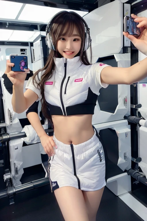 (Masterpiece, high quality), plural, , female students, slim, Flat Chest, Gym locker room, (White panties), White sports bra, navel,headphone,look at viewer,smile,enjoy,(Group selfie), Wide-angle, Soft Light BREAK astrovest,inside space station,futuristic room,