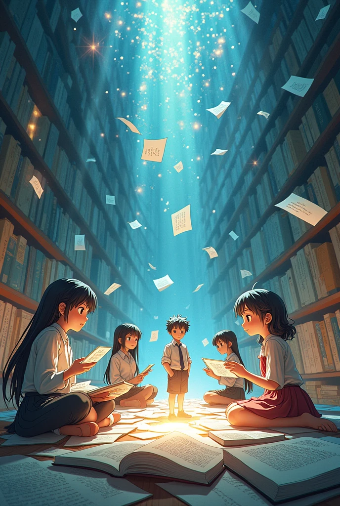 Create an image that represents the subject language and communication III, includes images of texts, documents and books, anime style