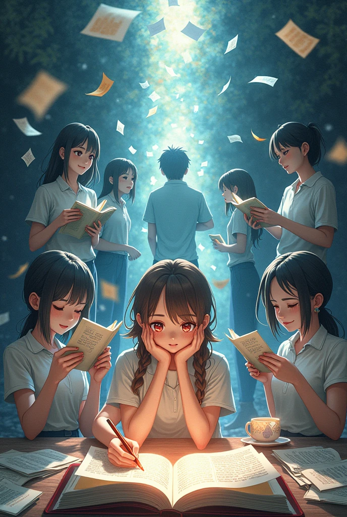 Create an image that represents the subject language and communication III, includes images of texts, documents and books, anime style