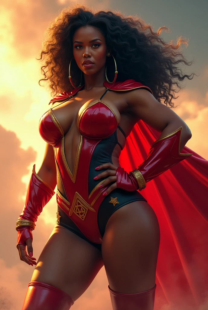 (Obra-prima Black woman beautiful , superheroine), (Ebony Pelé), (BBW, 45 Anos de idade), quadris enorme, cintura fina, (seios grandes: 1,9), (clivagem profunda), tiro da cintura, (cabelos longos e lisos), (Supergirl constume sexy) , coxas grossas, pernas grossas, sensual, hot, is hurting, (Sagging Tits: 1,9) , decotes enormes. ((mesmo personagem, headpe,, side))