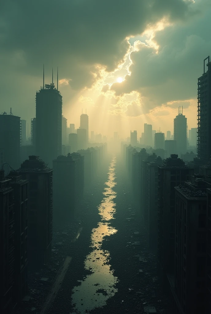 Distopic scenary of a destroyed city seen from above, with cloudy sky with sun light coming through the clouds