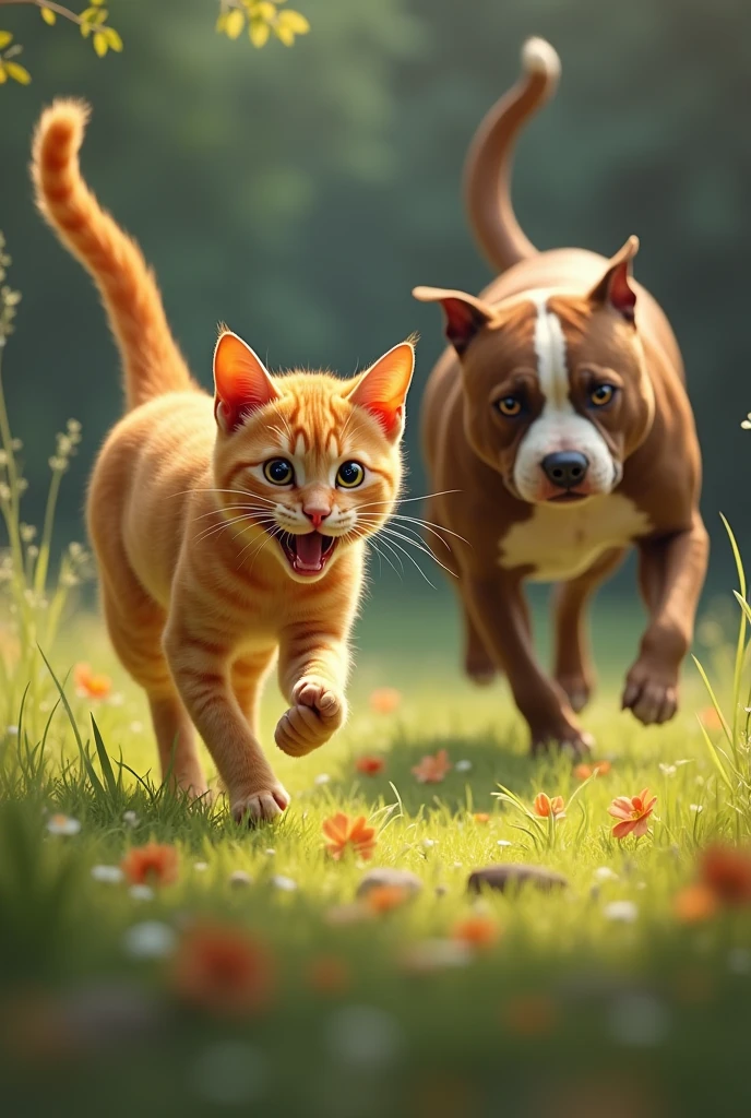 Orange or yellow cat with white running when seeing the brown pitbull with white