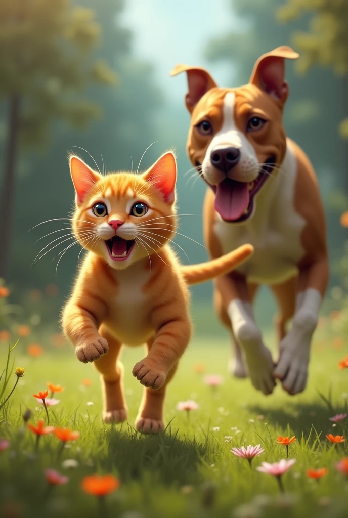 Orange or yellow cat with white running when seeing the brown pitbull with white