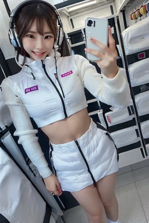 (Masterpiece, high quality), plural, , female students, slim, Flat Chest, Gym locker room, (White panties), White sports bra, navel,headphone,look at viewer,smile,enjoy,(Group selfie), Wide-angle, Soft Light BREAK astrovest,inside space station,futuristic room,