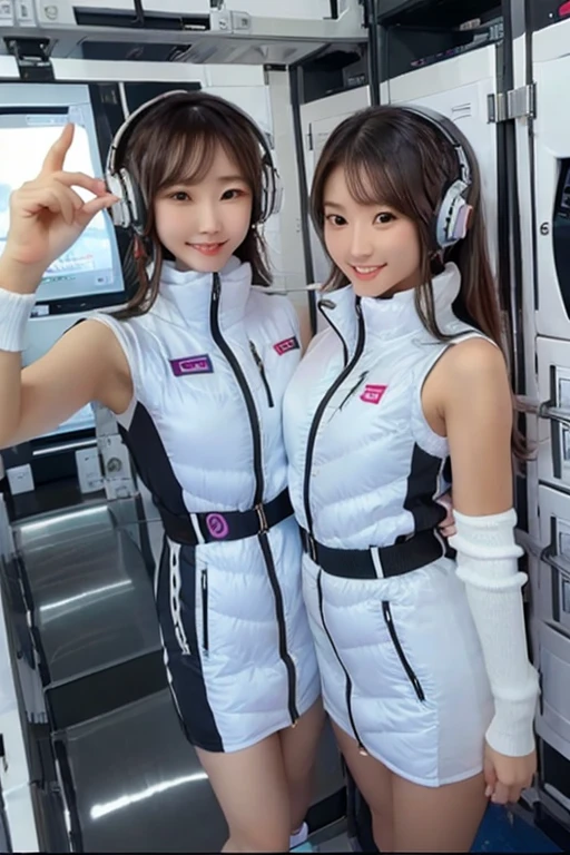 (Masterpiece, high quality), plural, , female students, slim, Flat Chest, Gym locker room, (White ), White sports bra, navel,headphone,look at viewer,smile,enjoy,(Group selfie), Wide-angle, Soft Light BREAK astrovest,inside space station,futuristic room,