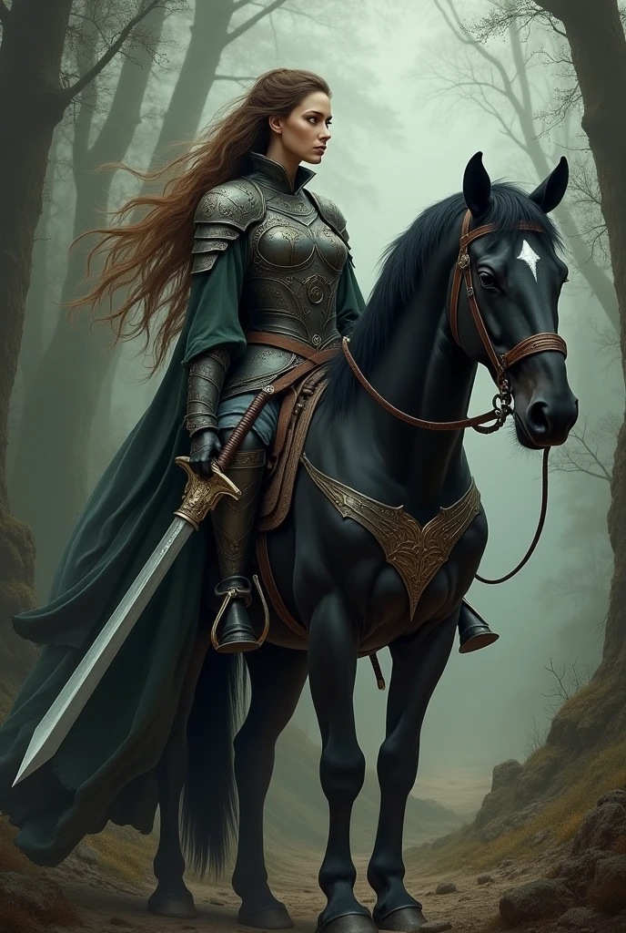 Elvish woman knight herbalist with brown hair and amber eyes with her weapon and her black hoarse in dark fantasy style 
