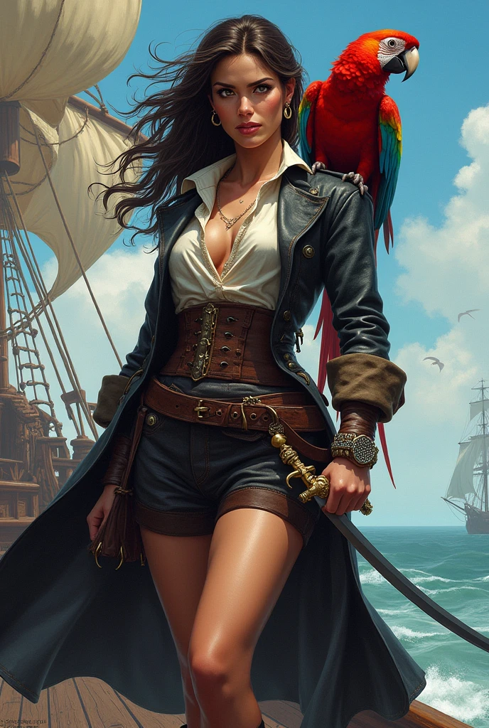 Create a female pirate with a parrot on her shoulder
