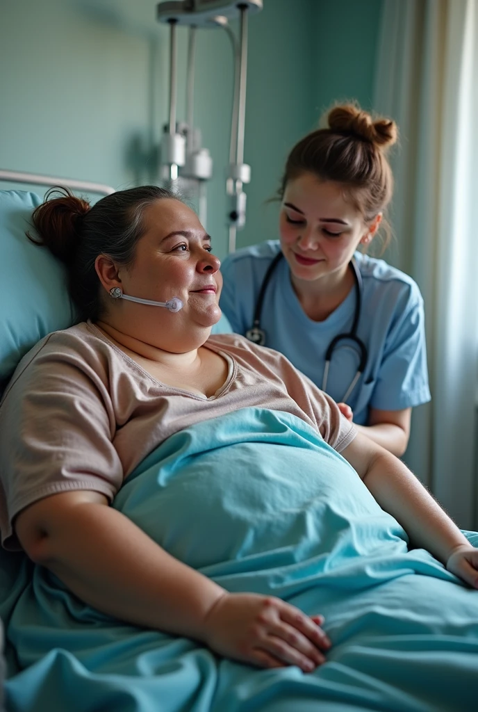 Overweight female patient hospitalized with oxygen cannula and a young companion at her side 