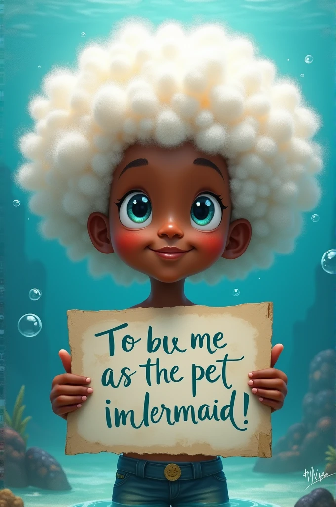 Create a white afro boy where he is holding a sign that says I am Ariel's pet
