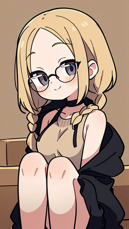 Beige hair color, center parted bangs, forehead exposed, no hair on the sides of the face, large glasses, black sleeveless hoodie, bob hair with reduced volume, long braids on both sides from the nape of the neck to below the chest, holding a large cardboard box in both hands, gray eyes, shy smile, choker, adult woman, blushing cheeks, beautiful, black sleeveless hoodie, bare shoulders