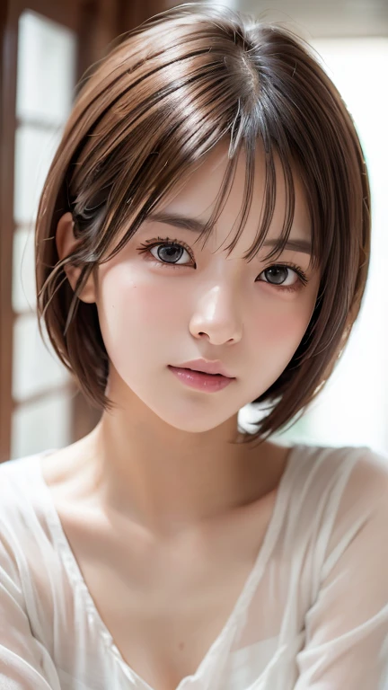 Highest quality、8k傑作、Ultra-high resolution、(Photorealistic:1.3)、RAW Photos、1 person、Brown hair short bob、Glowing Skin、1 personの超美人女子大生、((Ultra-Realistic Details))、Portrait、Global Illumination、Shadow、Octane Rendering、8k、Super sharp、Very intricate details、Realistic Light、CGSoation Trend、Beautiful Eyes、Shining Eyes、To the camera、White shirt、sheer