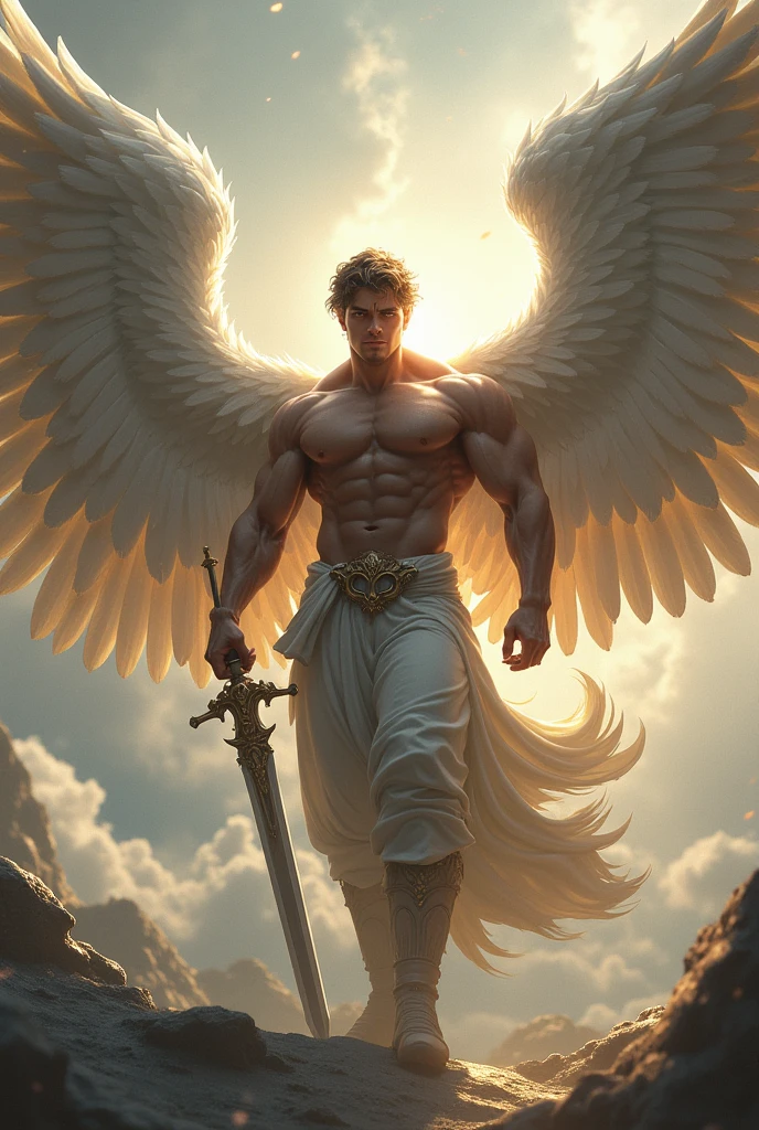 Make a male angel with a sword with his wings spread out showing only his back