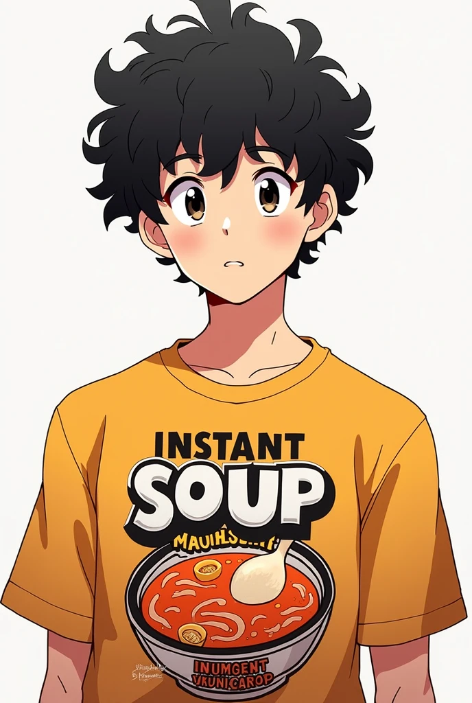 A curly-haired man wearing an instant soup shirt The idea is that it&#39;s a soup but a male version The theme is instant soup brand Laky Short curly black hair Light skin Medium complexion But it has to be like an anime drawing