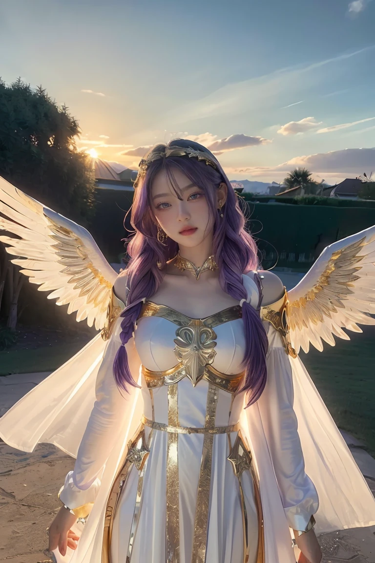 ((Masterpiece, best quality, very detailed), Volumetric light, surrounding occlusion, colorful, glow), 
1 girl, alone, young girl, (purple hair), long hair, radius, Aura, sacred, goddess, Priest Uniform, (White dress with gold details:1.3), angel wings,
outdoor, sunset, sky, cloud, space, (Fantasy Theme:1.2),