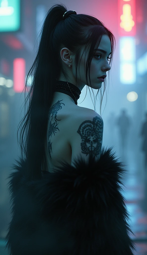 Girl、tattoo、fog、cyberpunk、black fur、monochrome、half white and half black、hyperrealistic, neon