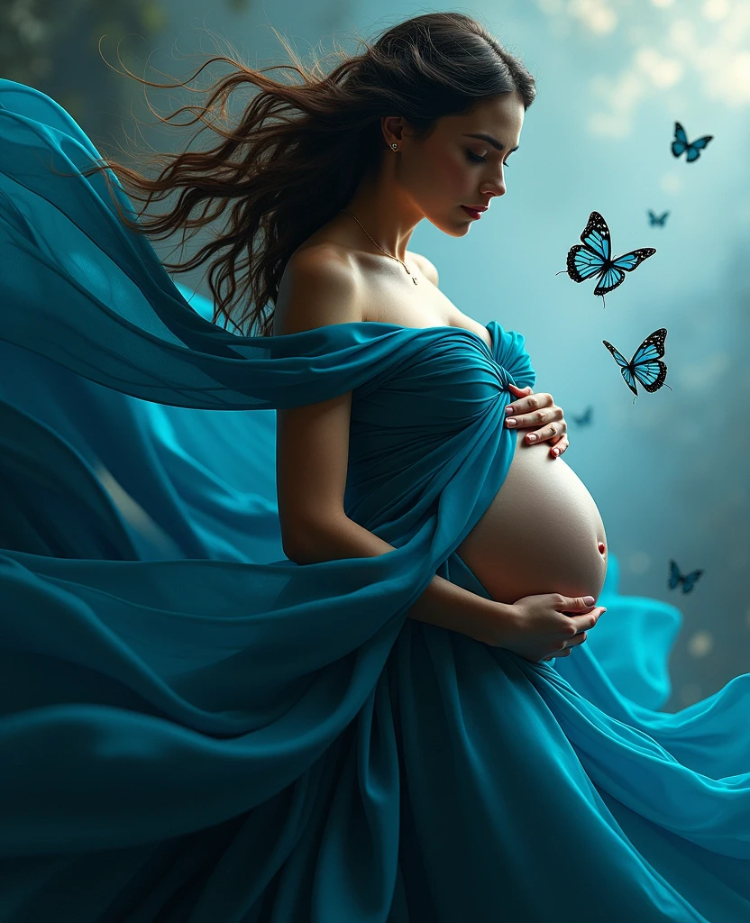 pregnant woman in blue dress with butterflies flying around her, digital art inspired by Cynthia Sheppard, trending on cg society, digital art, maternal photography 4 k, blue swirling dress, belly free teal dress, pregnant belly, modeling photography, dressed in blue, gorgeous and beautiful, rich blue colors, beautiful gown, profile pic, captivating and enticing, fine art fashion photography