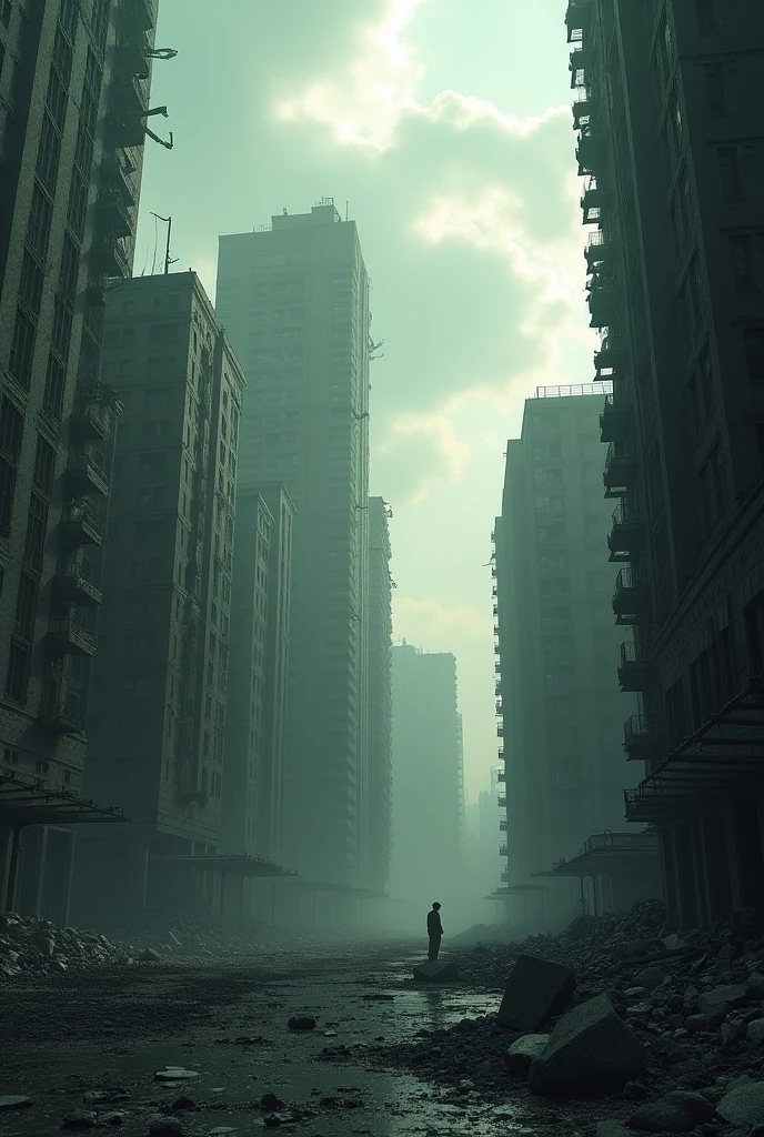 Distopic scenary of a destroyed city, with cloudy sky with sun light coming through the clouds