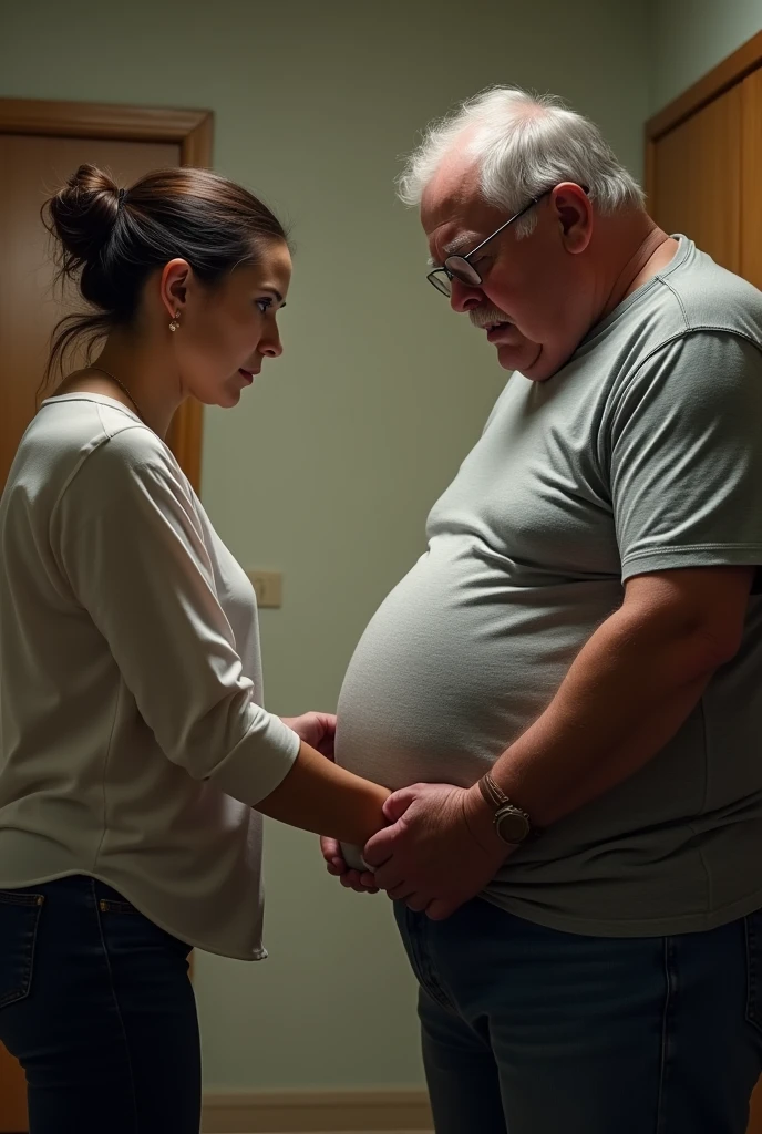 a woman looking at the waist of an old, fat man making a disappointed face