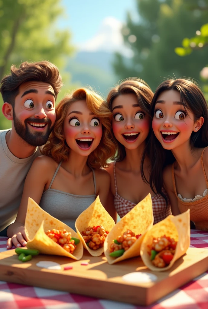 friends 2 men and 2 women very surprised that a girl brought tortilla cones filled with chicken popcorn with vegetables and sauces on a real picnic