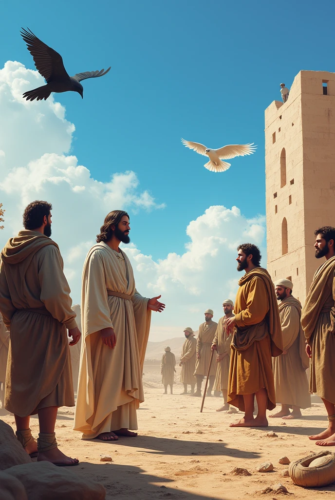 An image of Jesus meeting his first 3 male disciples and they are working on a construction site in a biblical setting and in the setting there is a desert and a large building with several other workers and in the blue sky a black raven and a white dove fly.