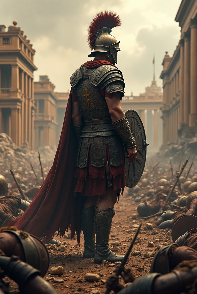 The Collapse of Roman Defense A scene of a battle-worn Roman legionary, his armor battered and shield broken, standing alone on a battlefield filled with fallen comrades. The background shows a once-glorious Roman city now in ruins.