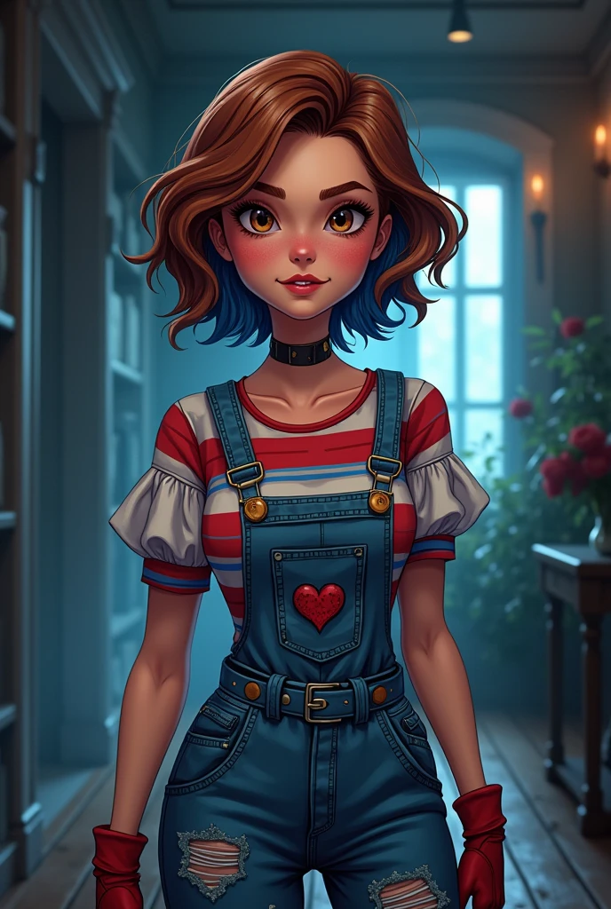 ((art animation 2D)) 20 year old woman with short wavy brown hair with dark blue dyed tips, Brown eyes, with good body, dressed as the bride of Chucky