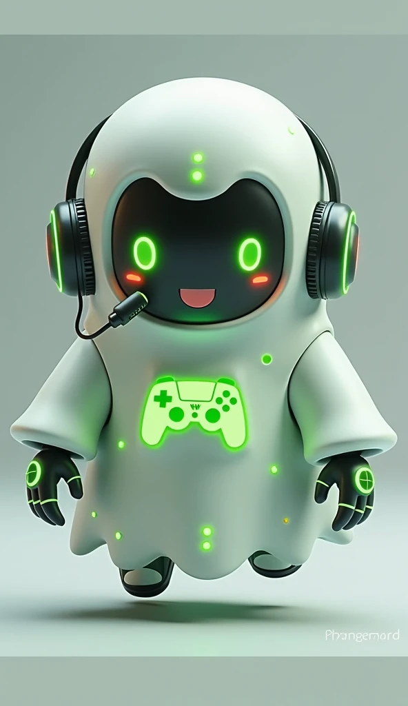 Create a medium-sized robot pet with a ghost-like appearance. With slightly rounded shapes resembling a drop. Create a medium-sized robot pet with a ghost-like appearance. With slightly rounded shapes resembling a drop. On your hands you have well defined fingers. His facial expression has large, green eyes with a glow, conveying a friendly and cheerful expression. He has a small open mouth with a happy smile and flushed cheeks.. Its body is white with small green details and a smooth, slightly shiny texture.. On his forehead is written the word "Soulgamer".He has a headset on his head with an adjustable microphone positioned close to his mouth.. And on his chest you can see the illuminated shape of a Playstation 5 controller in fluorescent green.. It floats in the air, as if he were ready for an adventure.