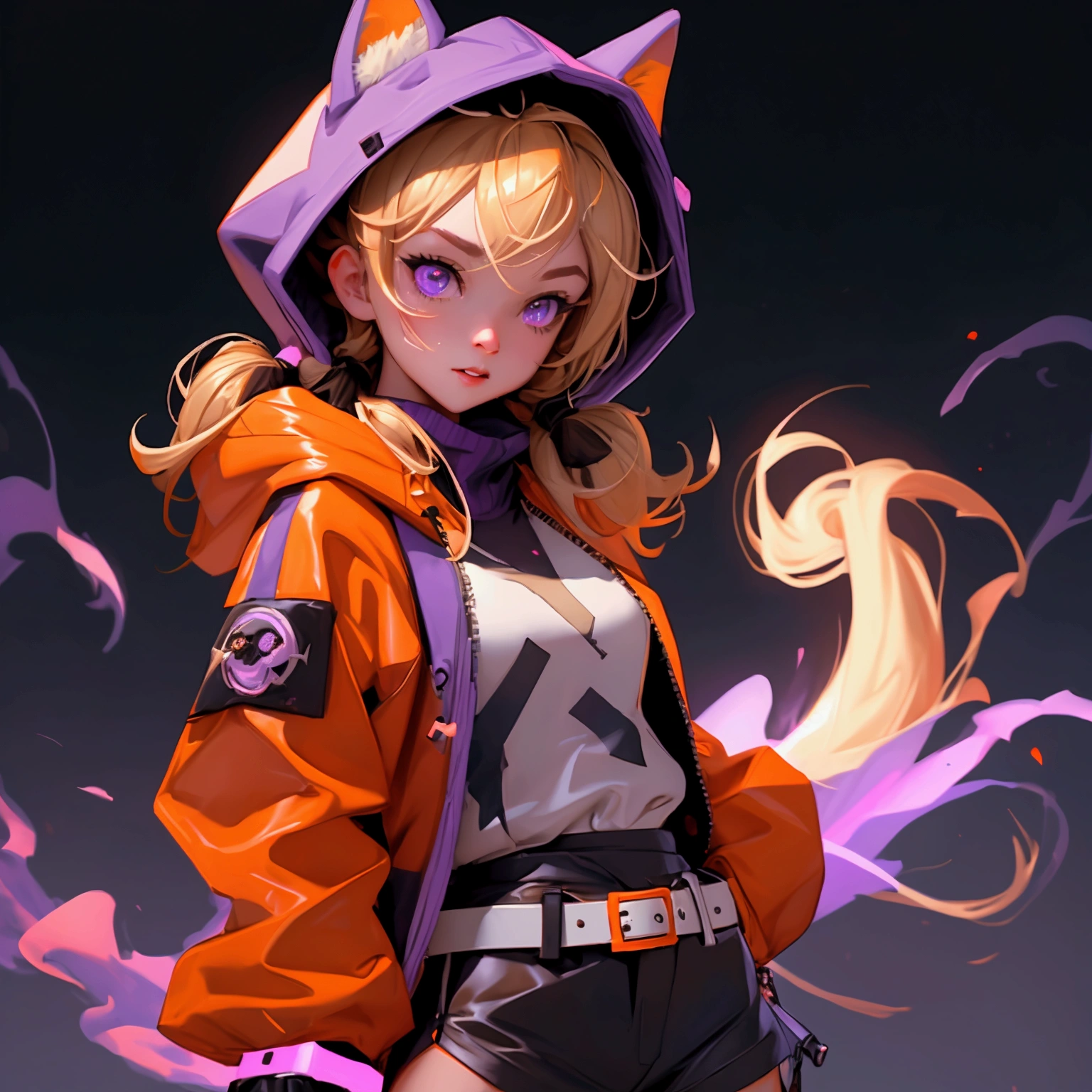 envision a 8k, highres, cinematic, close up beautiful portrait of a short girl named Gigi Murin with dark brown and blonde multicolored hair in twin tails, a tail, purple eyes, wearing an animal hood, hood up, orange jacket, cropped jacket, white shirt, mechanical gauntlets, orange belt, black shorts, single thighhigh, striped thighhigh against a dark background