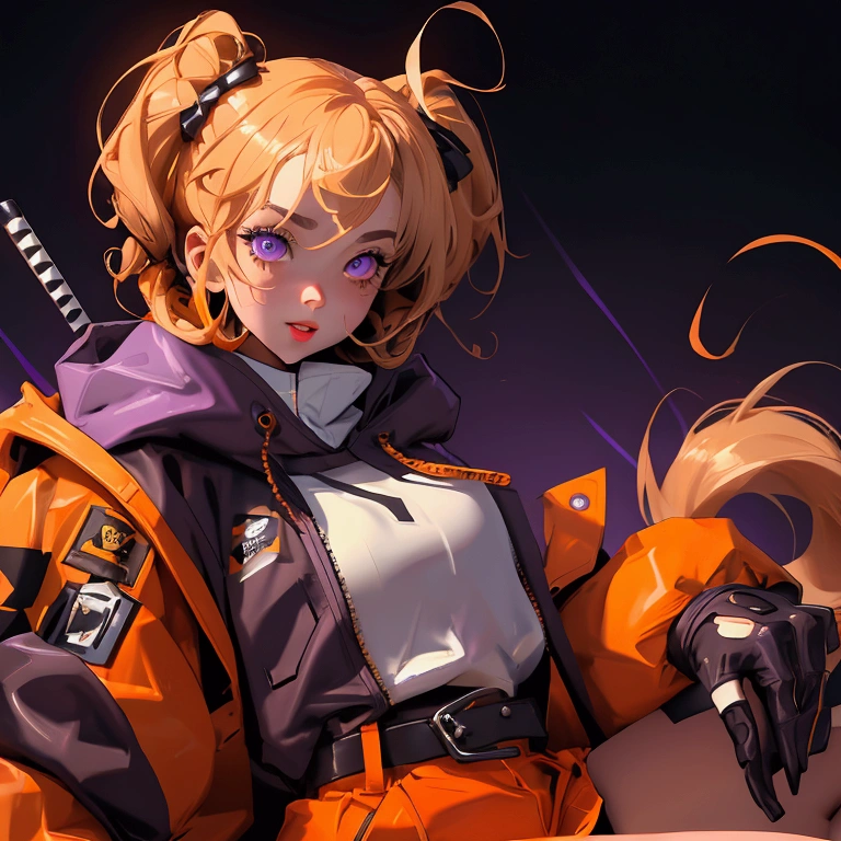 envision a 8k, highres, cinematic, close up beautiful portrait of a short girl named Gigi Murin with dark brown and blonde multicolored hair in twin tails, a tail, purple eyes, wearing an animal hood, hood up, orange jacket, cropped jacket, white shirt, mechanical gauntlets, orange belt, black shorts, single thighhigh, striped thighhigh against a dark background