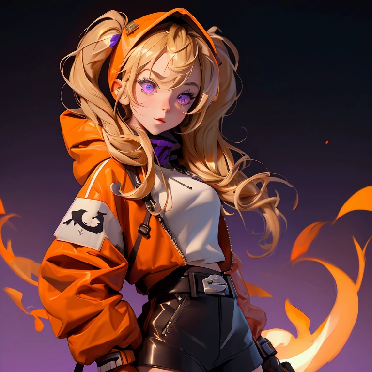envision a 8k, highres, cinematic, close up beautiful portrait of a short girl named Gigi Murin with dark brown and blonde multicolored hair in twin tails, a tail, purple eyes, wearing an animal hood, hood up, orange jacket, cropped jacket, white shirt, mechanical gauntlets, orange belt, black shorts, single thighhigh, striped thighhigh against a dark background