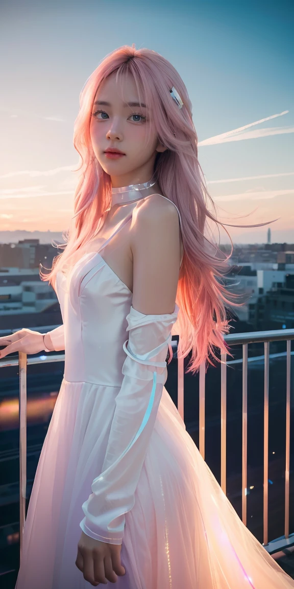 ((Masterpiece, best quality, very detailed), Volumetric light, surrounding occlusion, colorful, glow), 
1 girl, alone, young girl, (pink hair), long hair, radius, Aura, sacred, owner, cybersuits, (white dress:1.3), robot, Bot, angel wings,
outdoor, sunset, sky, cloud, space, (Cyberpunk theme:1.2),