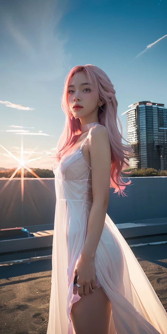 ((Masterpiece, best quality, very detailed), Volumetric light, surrounding occlusion, colorful, glow), 
1 girl, alone, young girl, (pink hair), long hair, radius, Aura, sacred, owner, cybersuits, (white dress:1.3), robot, Bot, angel wings,
outdoor, sunset, sky, cloud, space, (Cyberpunk theme:1.2),