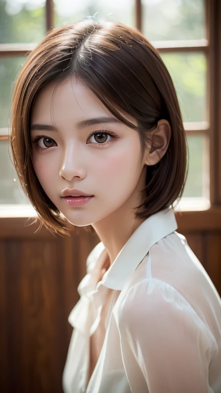 Highest quality、8k傑作、Ultra-high resolution、(Photorealistic:1.3)、RAW Photos、1 person、Brown hair short bob、Glowing Skin、1 personの超美人女子大生、((Ultra-Realistic Details))、Portrait、Global Illumination、Shadow、Octane Rendering、8k、Super sharp、Very intricate details、Realistic Light、CGSoation Trend、Beautiful Eyes、Shining Eyes、To the camera、White shirt、sheer