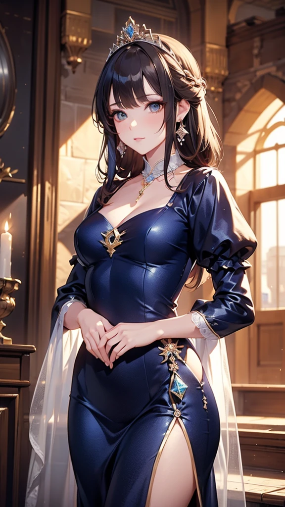 ((masterpiece)), (textured skin), ((high details)), best quality, award winning, 8k, beautiful woman, silk dress, noble, PRİNCESS, queen, bionde, half updo, hair flaps, tiara, crystal earrings,Castle、palace、middle ages