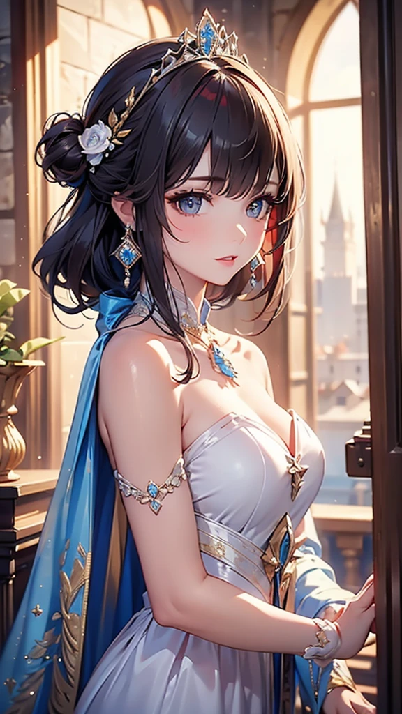 ((masterpiece)), (textured skin), ((high details)), best quality, award winning, 8k, beautiful woman, silk dress, noble, PRİNCESS, queen, bionde, half updo, hair flaps, tiara, crystal earrings,Castle、palace、middle ages