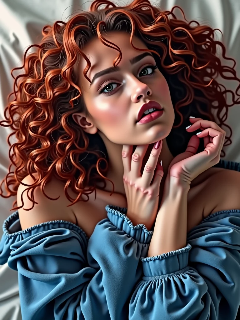 Woman, curly hair: cherry red color, naked, very tiny breasts, very big ass, very large thighs and large hips