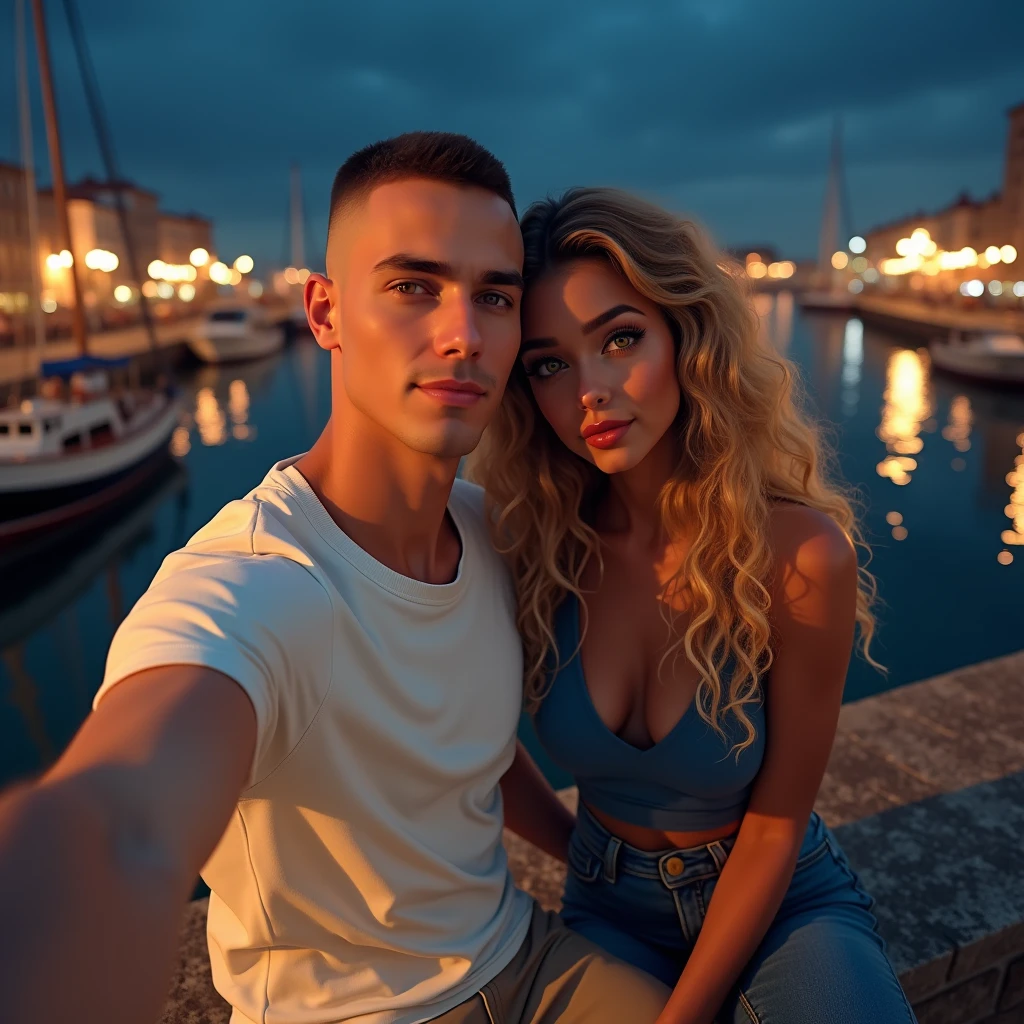 Selfie, Two friends, a White male man, 30's, brown eyes, buzz cut hair style, buzz cut hair, he wears a white T-shirt and beige pants,A woman Toffee color skin, beautiful toffee mixed woman with long blond curly hair and extremely detailled clear yellow eyes, middle body, she wears a sexy blue top and a Flared denim pants, selfie,They are sitting on a stone wall with a view of a port at night, ultrarealism