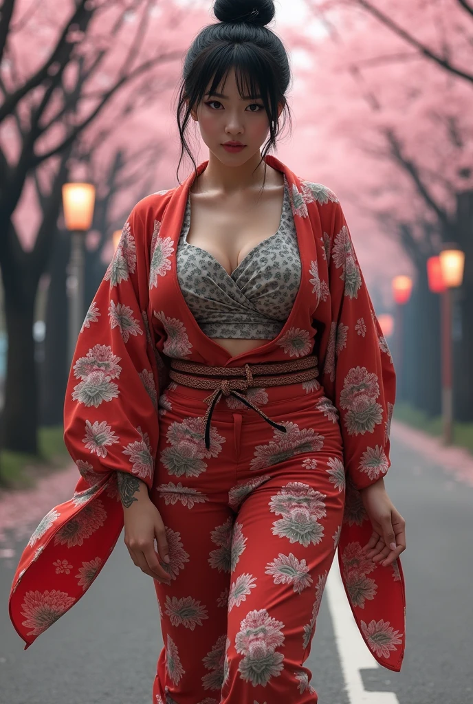Japanese woman,Beautiful,40 years old,thick bodied,white skin yakuza tattoos,big chested,big ass,thick thighs,expression of lust,black hair color in bun,brown eye color,dressed in yukata,full body photo distance,dynamic point of view,wide open leg pose,the road where the cherry trees fall,dim light,photo realism style