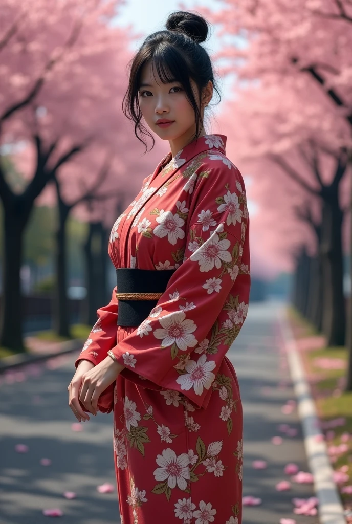 Japanese woman,Beautiful,40 years old,thick bodied,white skin yakuza tattoos,big chested,big ass,thick thighs,expression of lust,black hair color in bun,brown eye color,dressed in yukata,full body photo distance,dynamic point of view,wide open leg pose,the road where the cherry trees fall,dim light,photo realism style