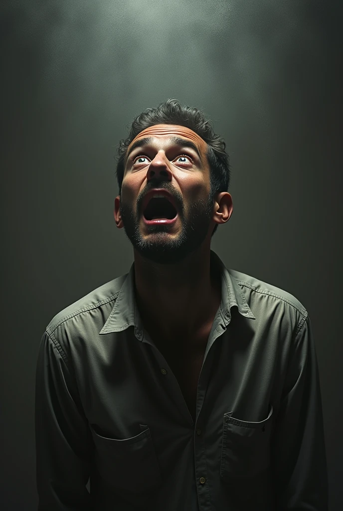 A man stands stunned, his eyes large and round with surprise, his mouth slightly agape as if caught mid-gasp. His head tilts slightly back, as though trying to process the sudden and unbelievable sight before him."