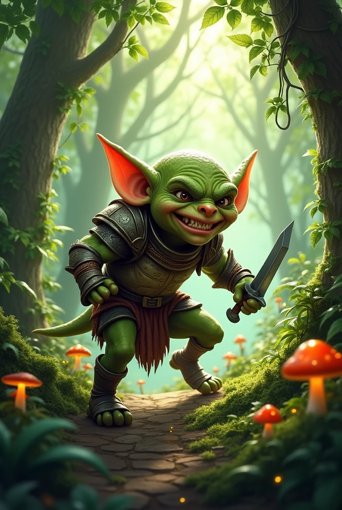 Goblin with dagger and light armor in the style of Ayo Jumanji in the forest