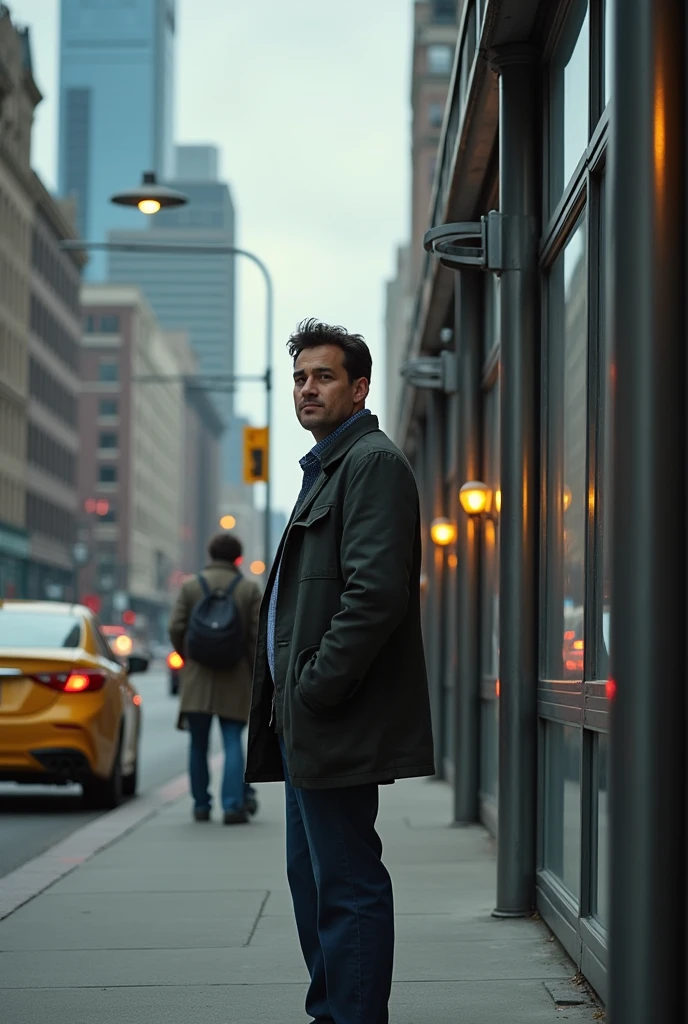 (medium photographic shot) 
person waiting for the bus 