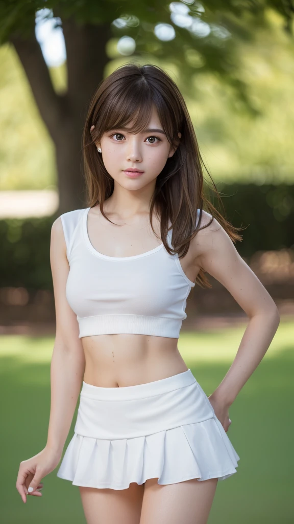 (masterpiece, highest quality:1.4), Award-winning portraits, 8k, 85mm, alone, Beautiful Face, Delicate girl,  (On the grass), Sophisticated, cute, ************, RAW Photos, Confused, High resolution, Sharp focus, Background blur、(((Flat  、thin and delicate body、Childish atmosphere)))、shiny semi-long hair、ponytail、Small mole on the left cheek、 Dark brown eyes、Hair swaying in the wind、sexy、Flexible legs、Simple gym clothes without text、Run、Jump