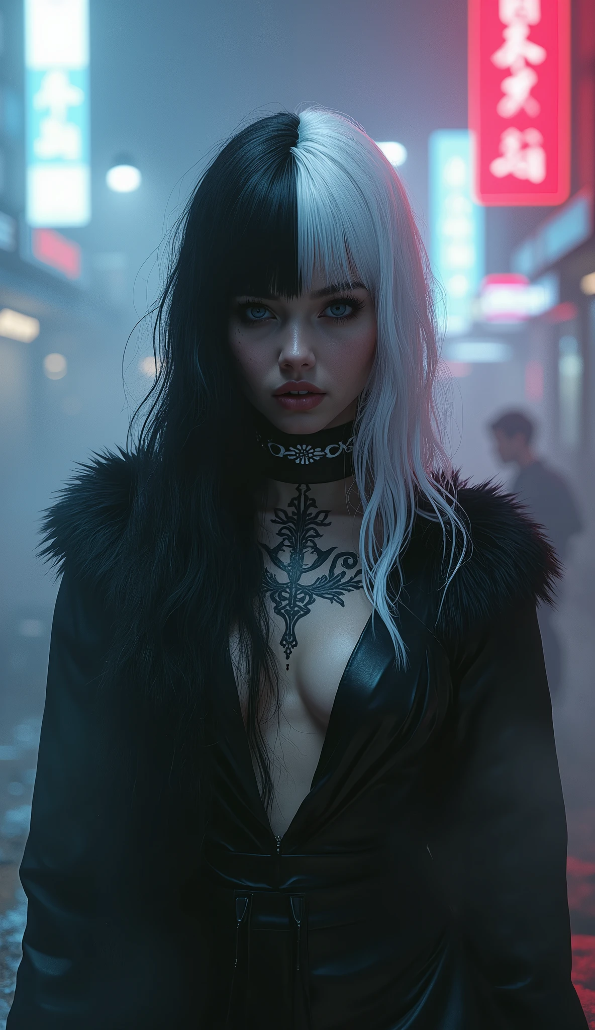 Girl、tattoo、fog、cyberpunk、black fur、monochrome、half white and half black、hyperrealistic, neon