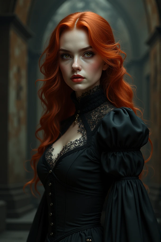 Vampire woman with wavy red hair, brown eyes wearing black victorian clothes
