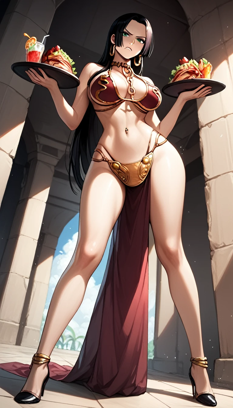score_9, score_8_up, score_7_up, source_anime, best quality, solo, clear face, boa Hancock, black hair, green eyes, long hair, large breasts, perfect body, looking at viewer, slave, slave bikini, standing, dynamic angle, from behind, big ass, wide hips, low angle, navel piercing, angry, pelvic curtain, holding tray of food and drinks, high heels